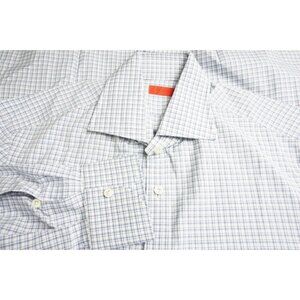 Isaia Napoli White Blue Plaid Spread Collar Dress Shirt Sz 15 38 Brand New